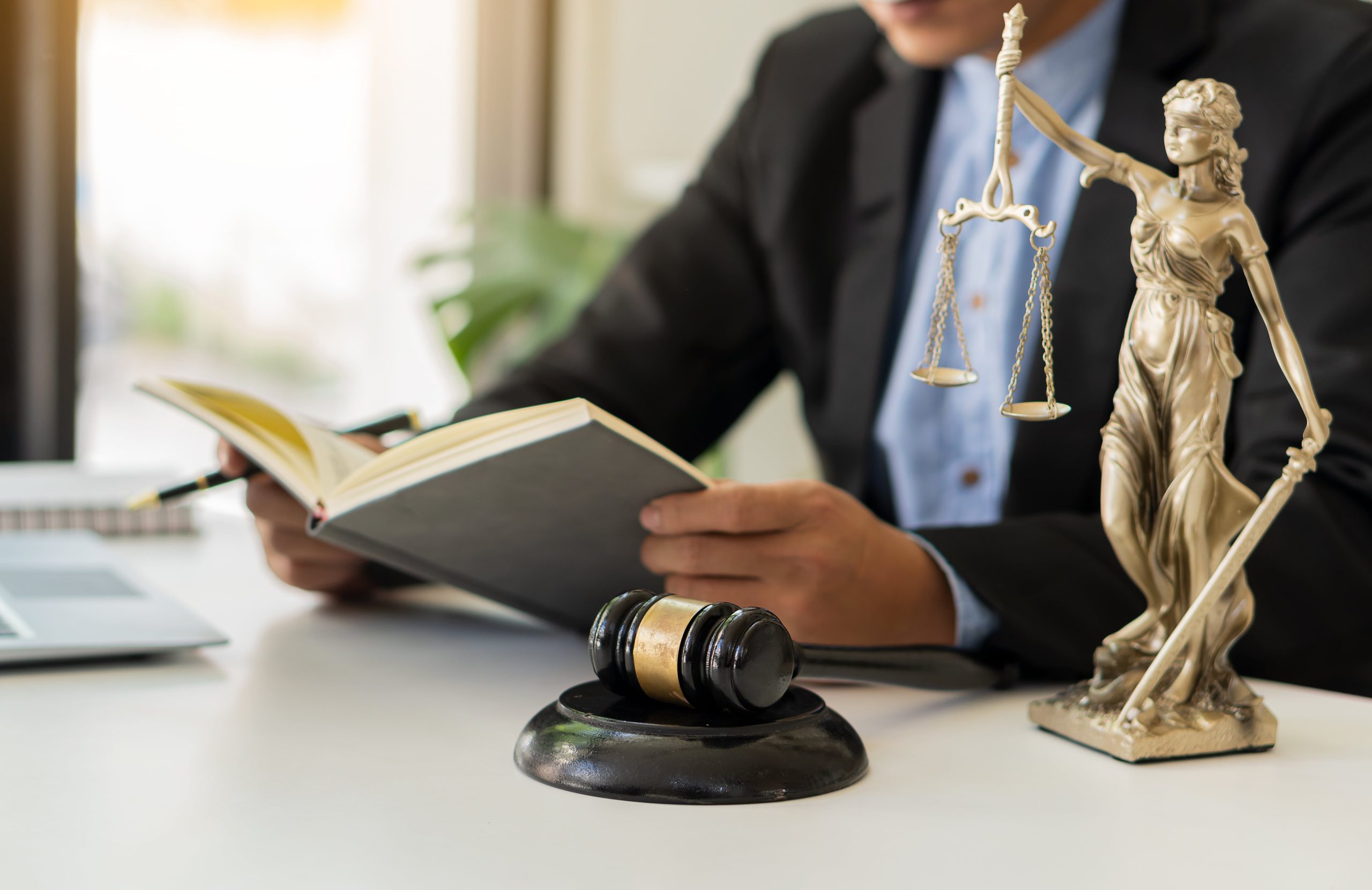 Lawyer reviewing book at desk